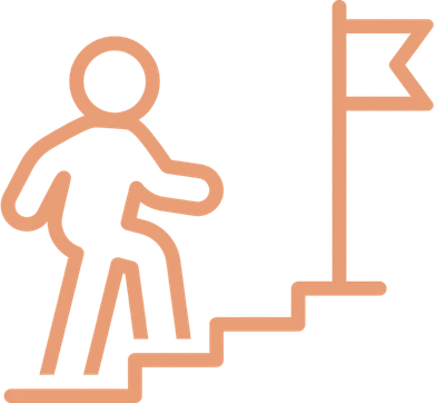 Outline of a person climbing stairs toward a flag at the top