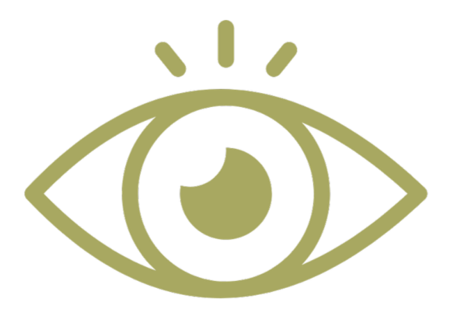 A stylized olive-green eye with a crescent moon in the center and three short lines above it, symbolizing vision or awareness.