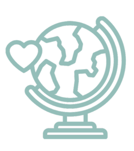 Illustration of a globe with a heart connected to it and curved lines around it.