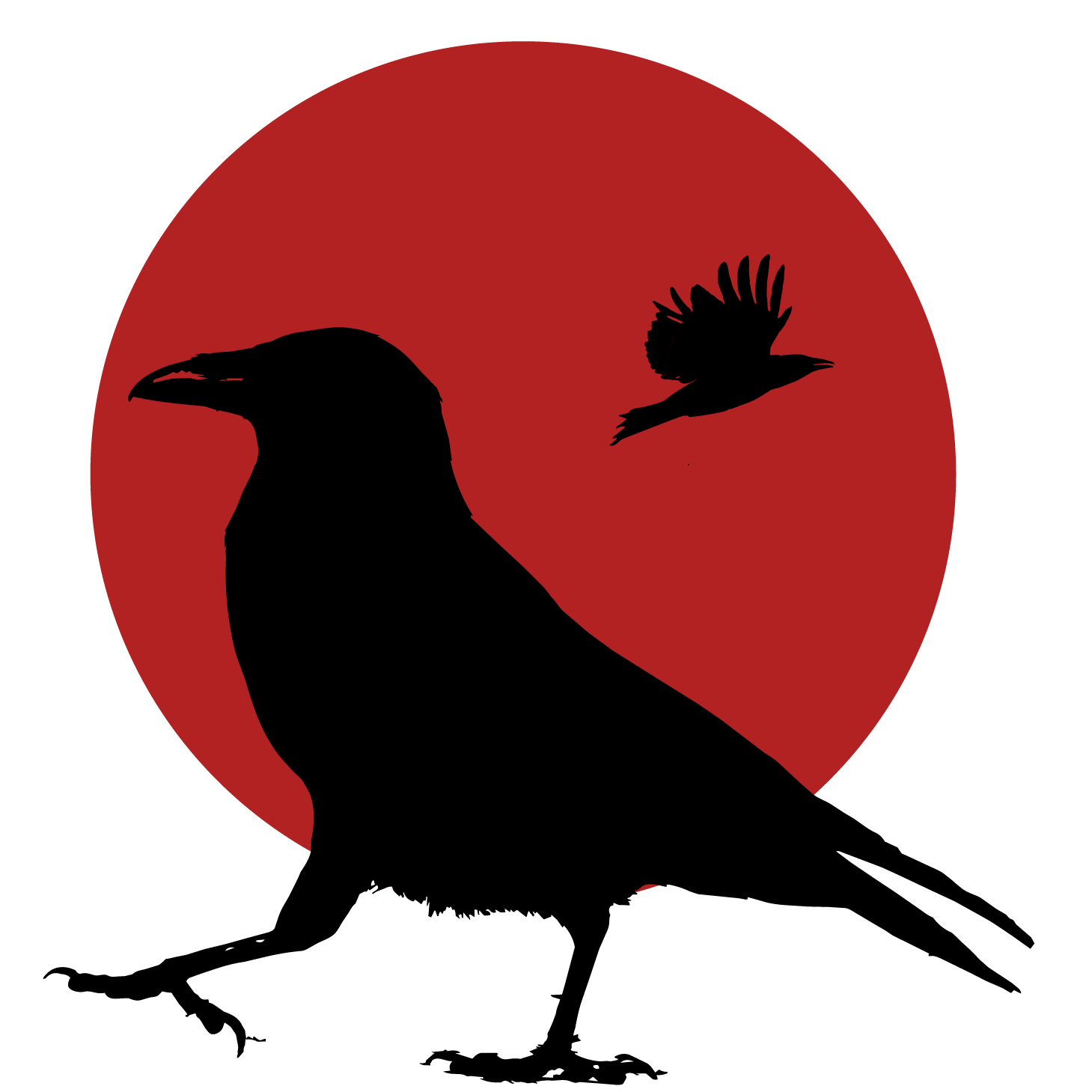 Black crow silhouette perched on a branch with a flying crow against a red circular background