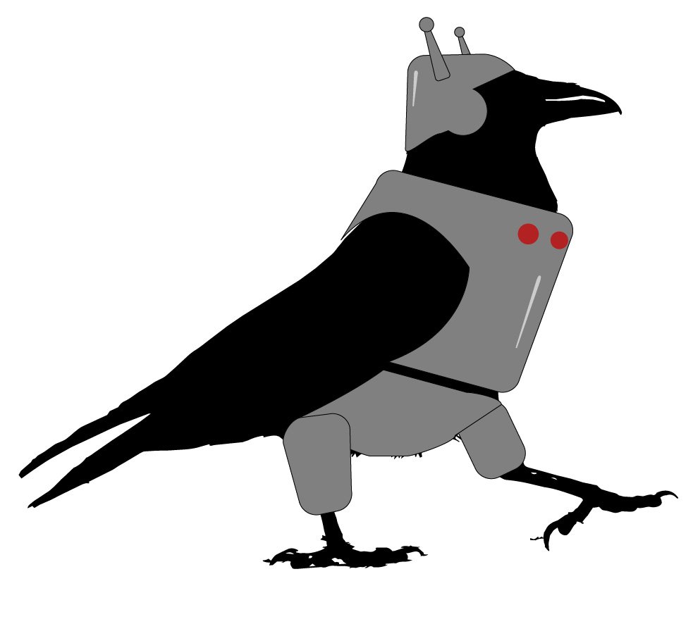 Black crow wearing gray futuristic armor with antennae and red buttons