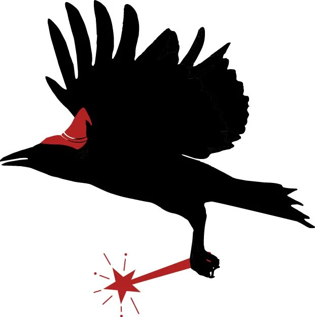 Black silhouette of a flying bird wearing a red cap, with one foot striking a red starburst.