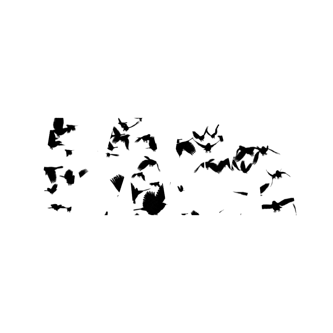 The word “MOM” filled with black bird silhouettes on a white background.