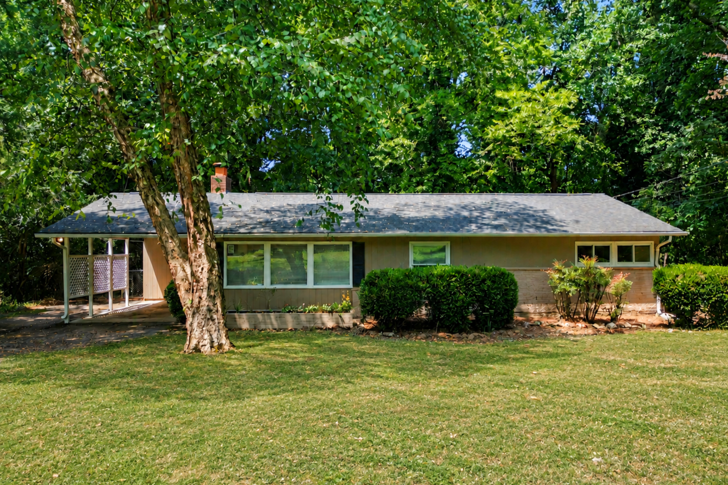 Single-story house with a grey roof, large front window, surrounded by green bushes and trees, with a manicured lawn in front.
