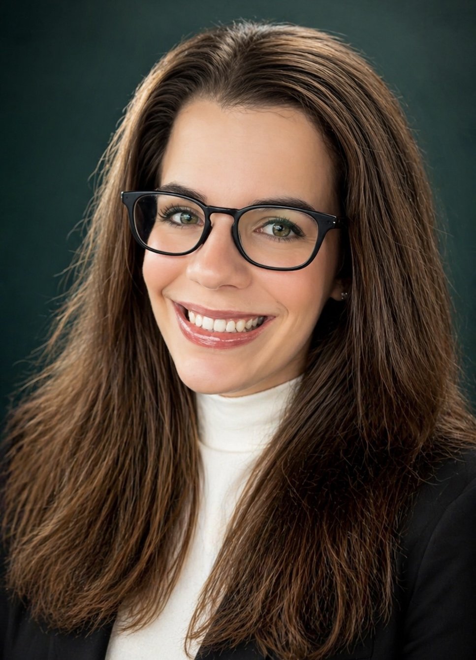 A woman with long brown hair, glasses, and a white turtleneck smiling at the camera against a dark background.