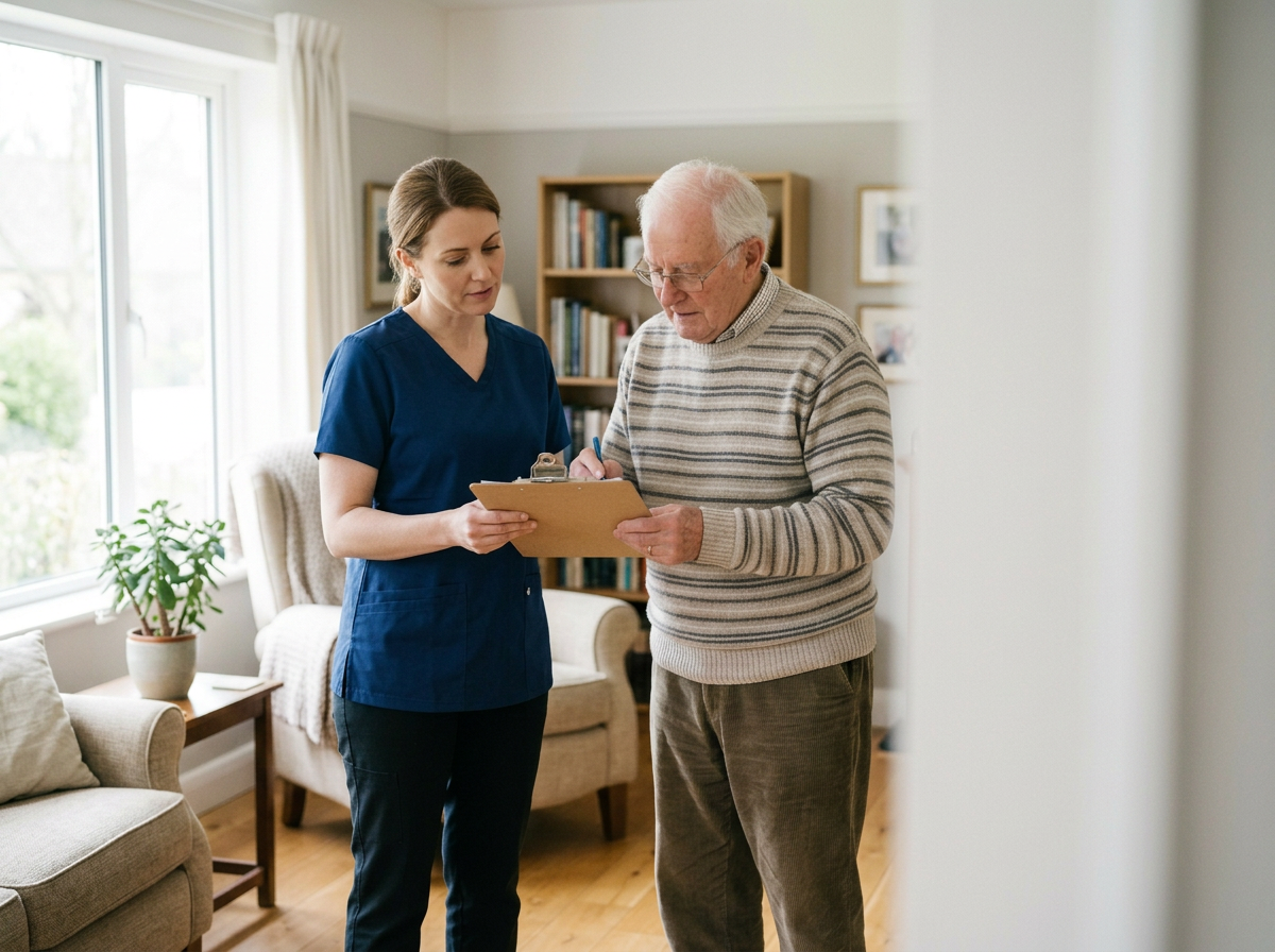 A healthcare worker and an elderly man review documents together in a living room.