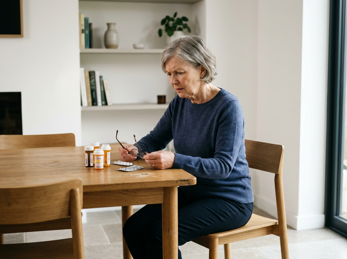 Older woman sitting at a wooden table, holding glasses in one hand and looking at medication bottles and blister packs.