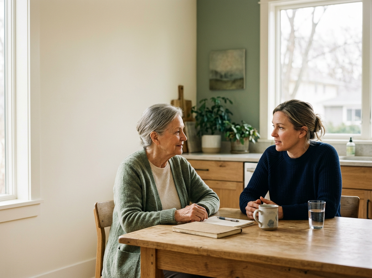 A senior woman and a younger woman sitting at a wooden dining table having a conversation in a kitchen with natural light from the window.
