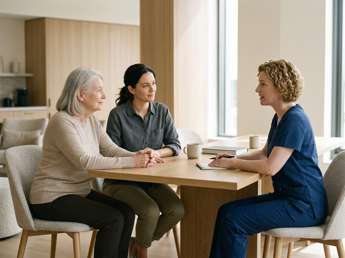 A healthcare professional in blue scrubs sitting at a table with two women, listening attentively during a consultation in a bright, modern room.