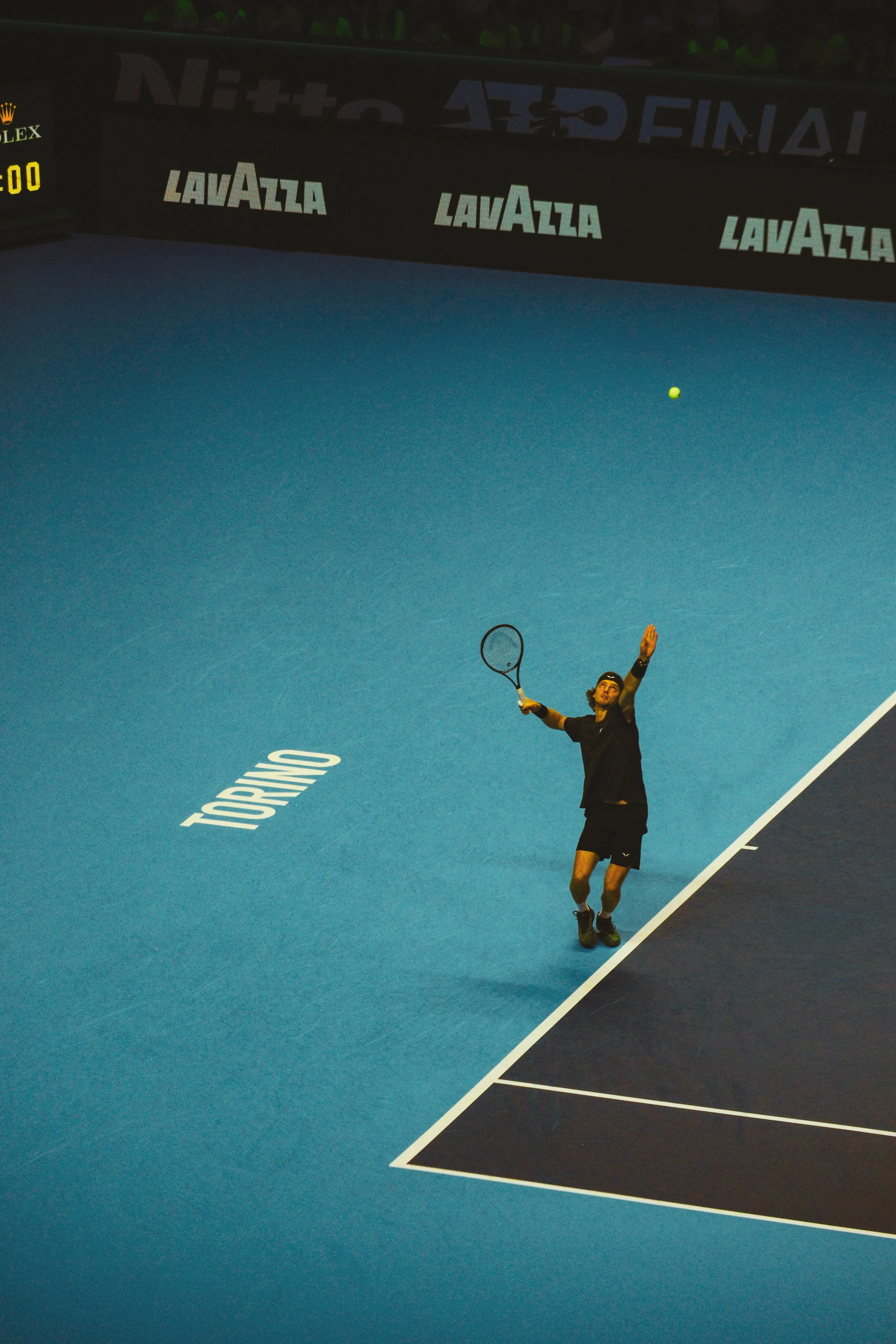 Tennis. ATP Finals Torino, Grand Slam. Tennis player serve. Tennis ball in air during a service.