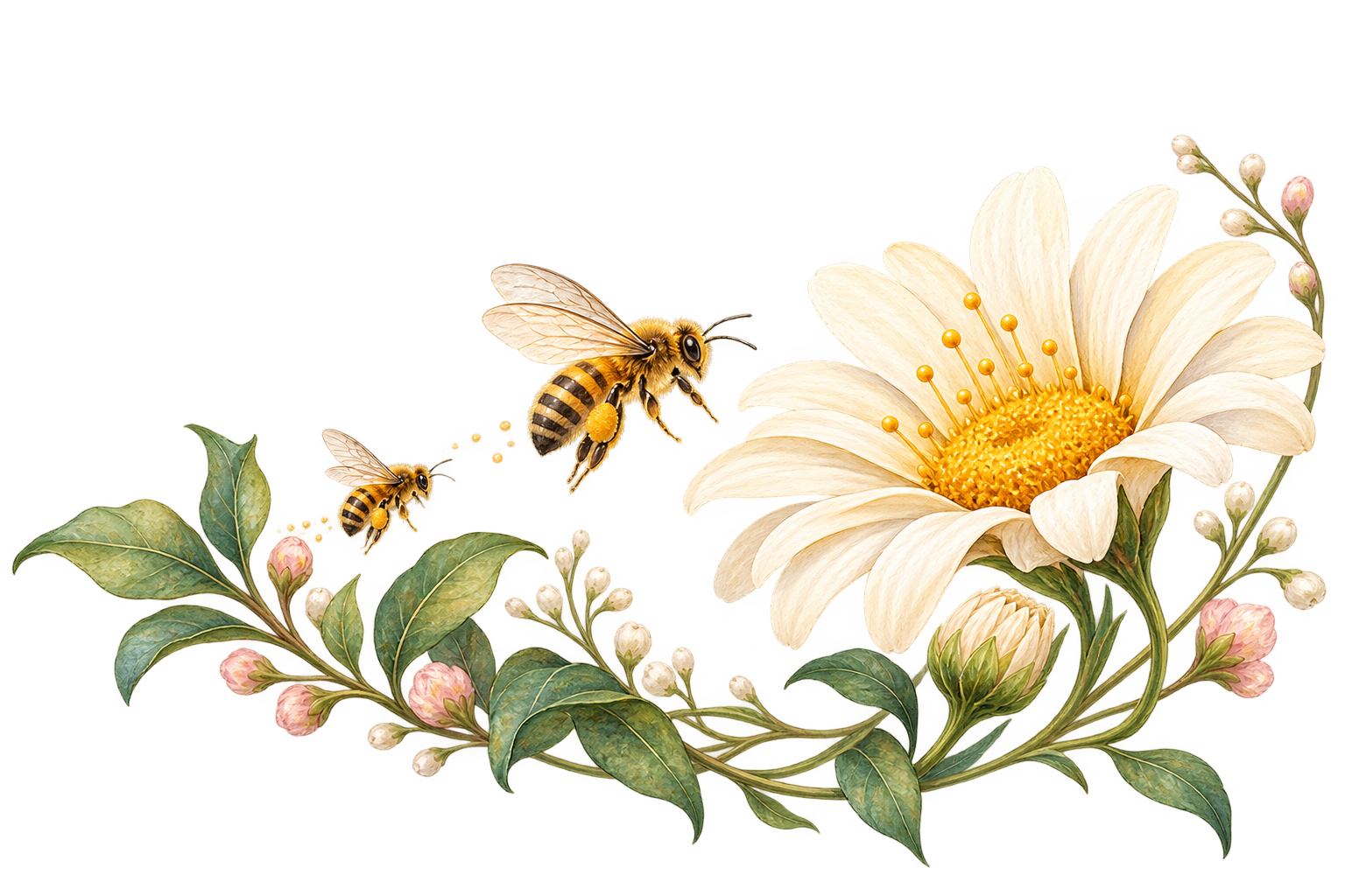 Two bees approaching a daisy