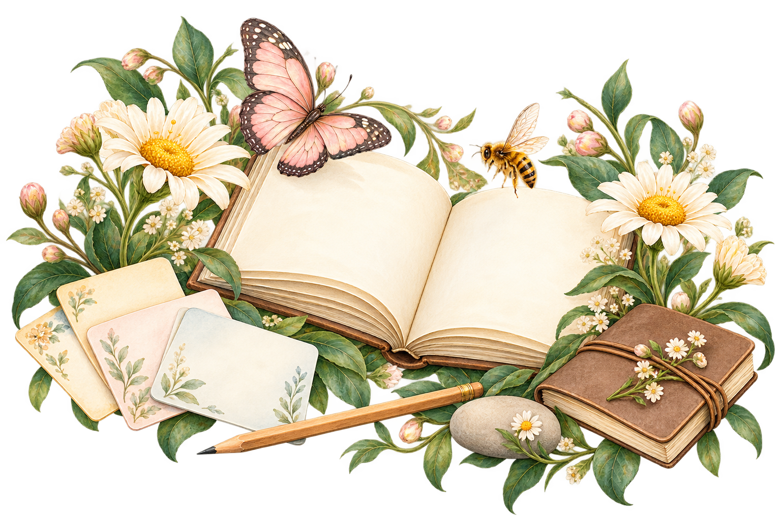 Open book, paper and pencil within colourful branches and daisies with bees and butterflies