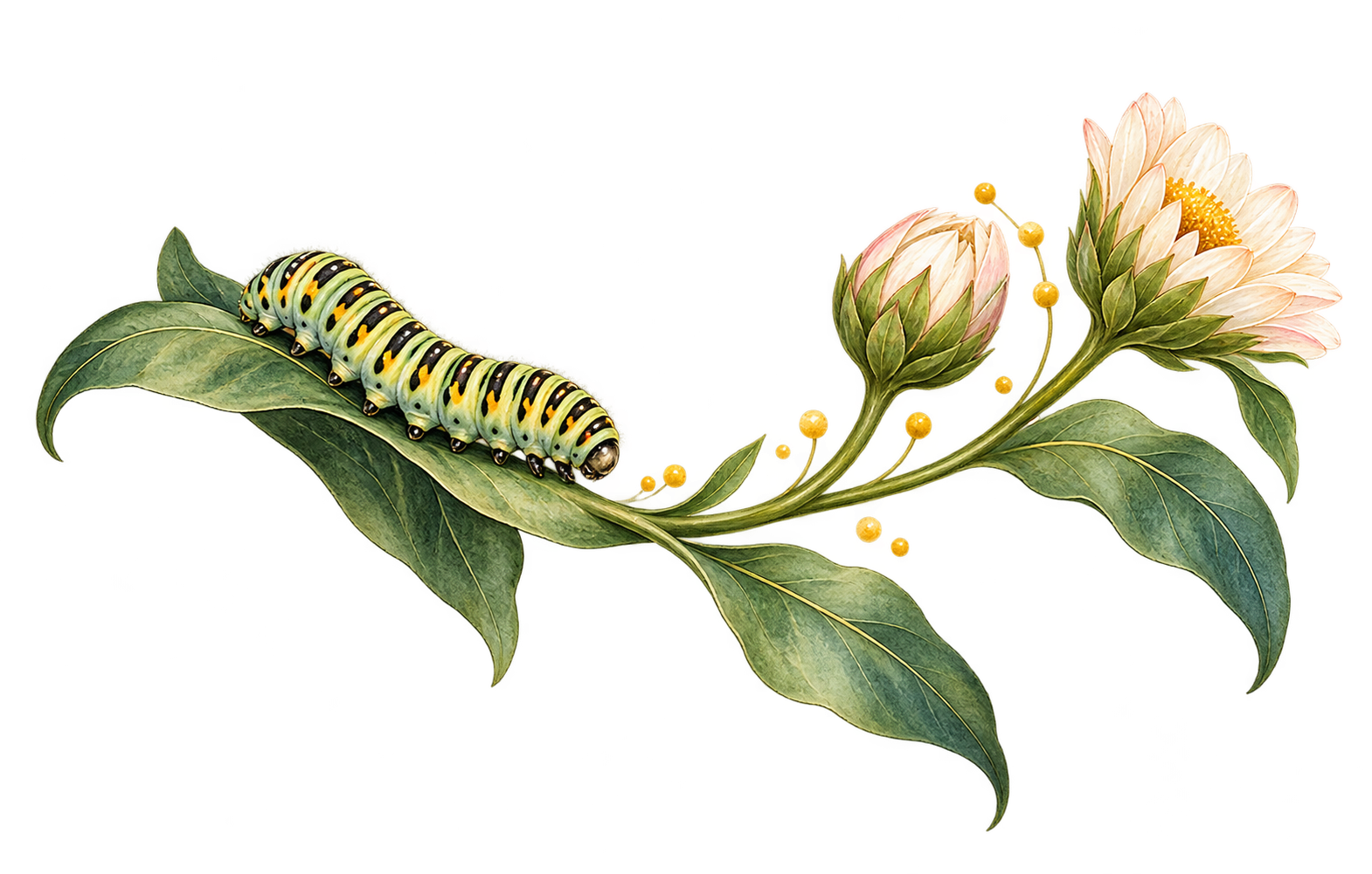 A caterpillar on a branch approaching two opening daisy buds