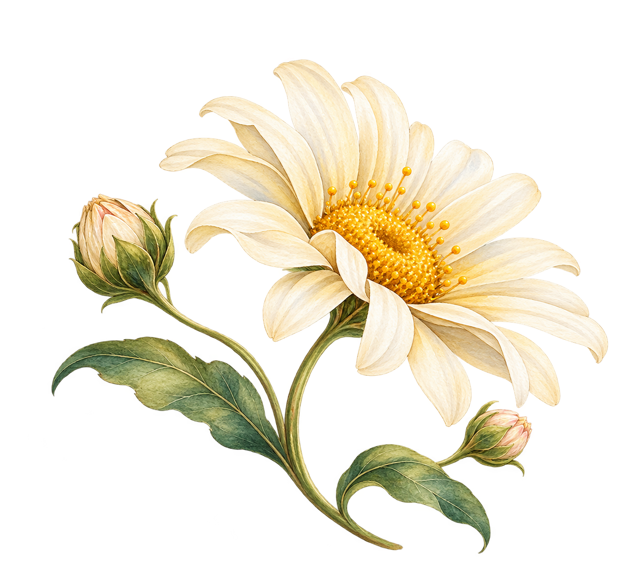 An opened daisy with two closed buds either side