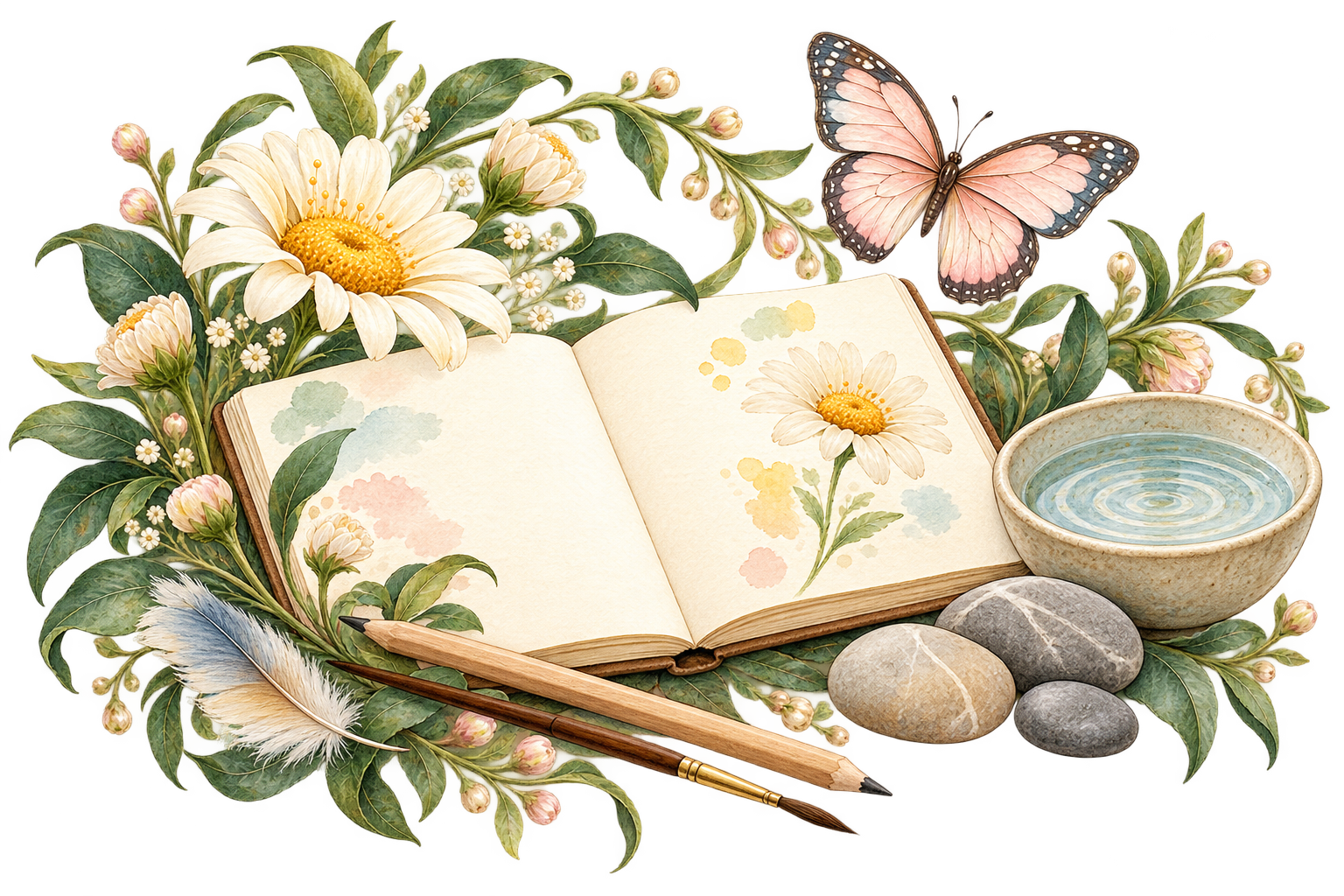 An open book surrounded by plants and a butterfly