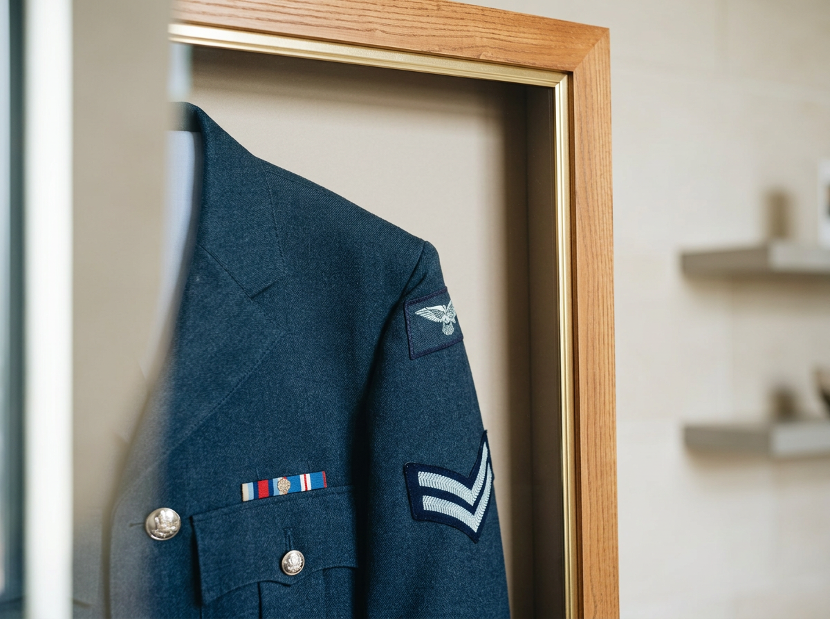 Framed blue military dress uniform jacket with service ribbons, silver buttons, and sleeve insignia.