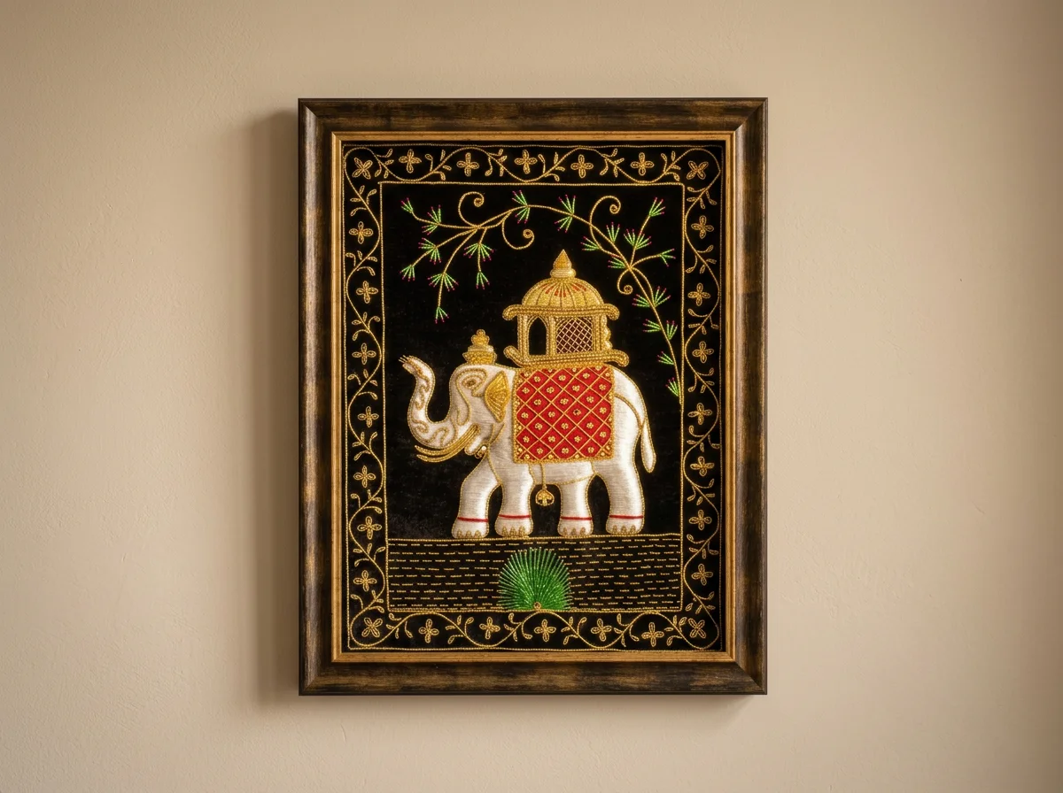 Framed Indian-style embroidery and stumpwork depicting a decorated white elephant beneath flowering branches on a black background.