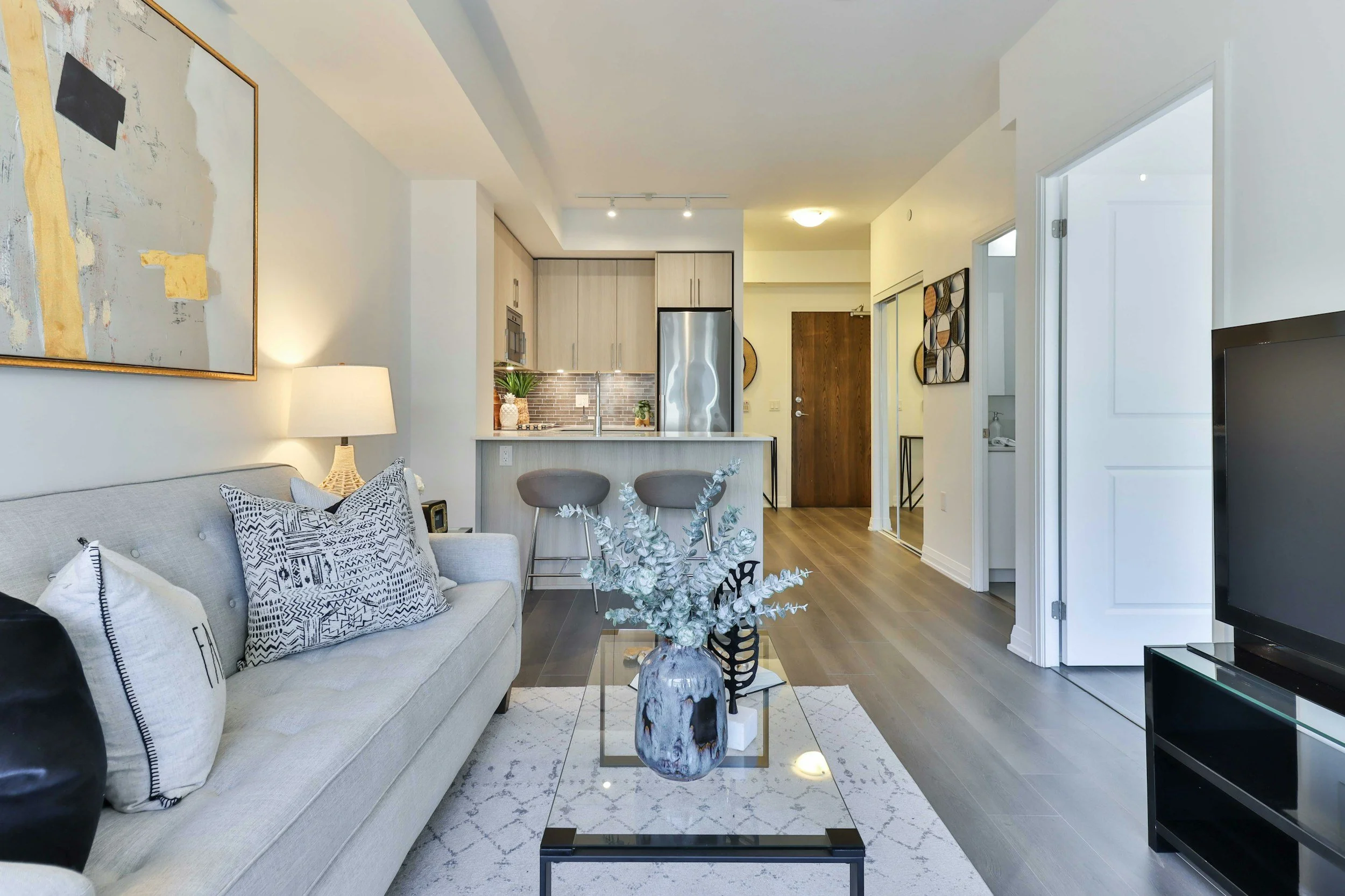 Furnished apartment living room and kitchen