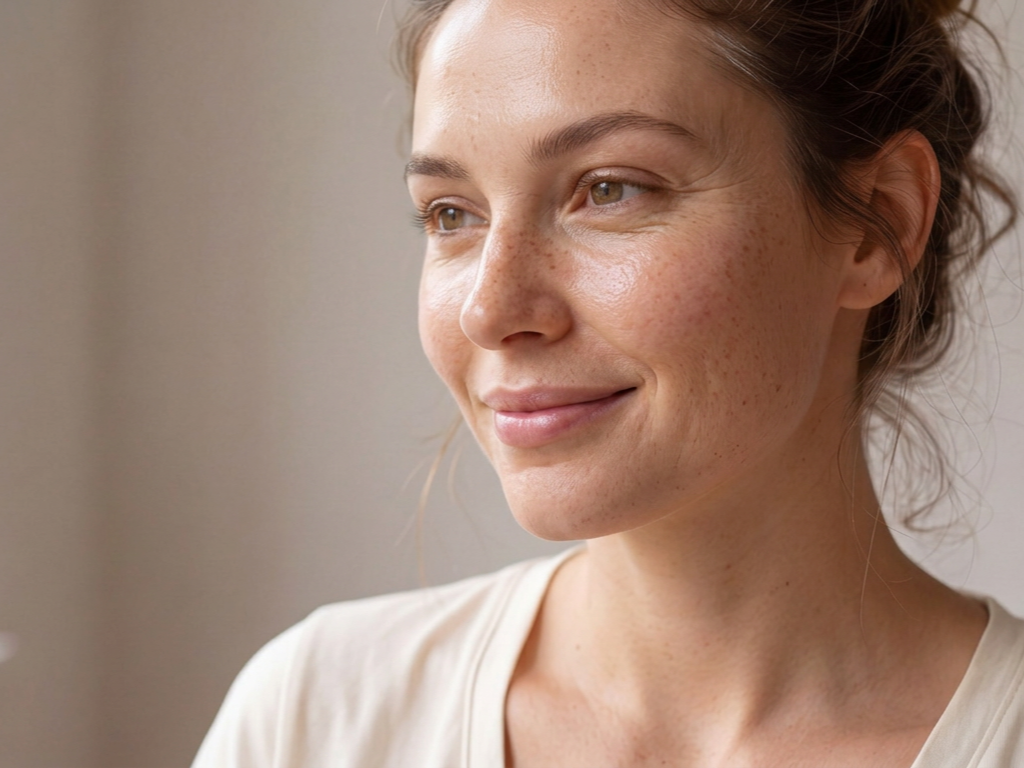 AI-generated illustration of a woman with freckles looking slightly off-camera with a relaxed expression.