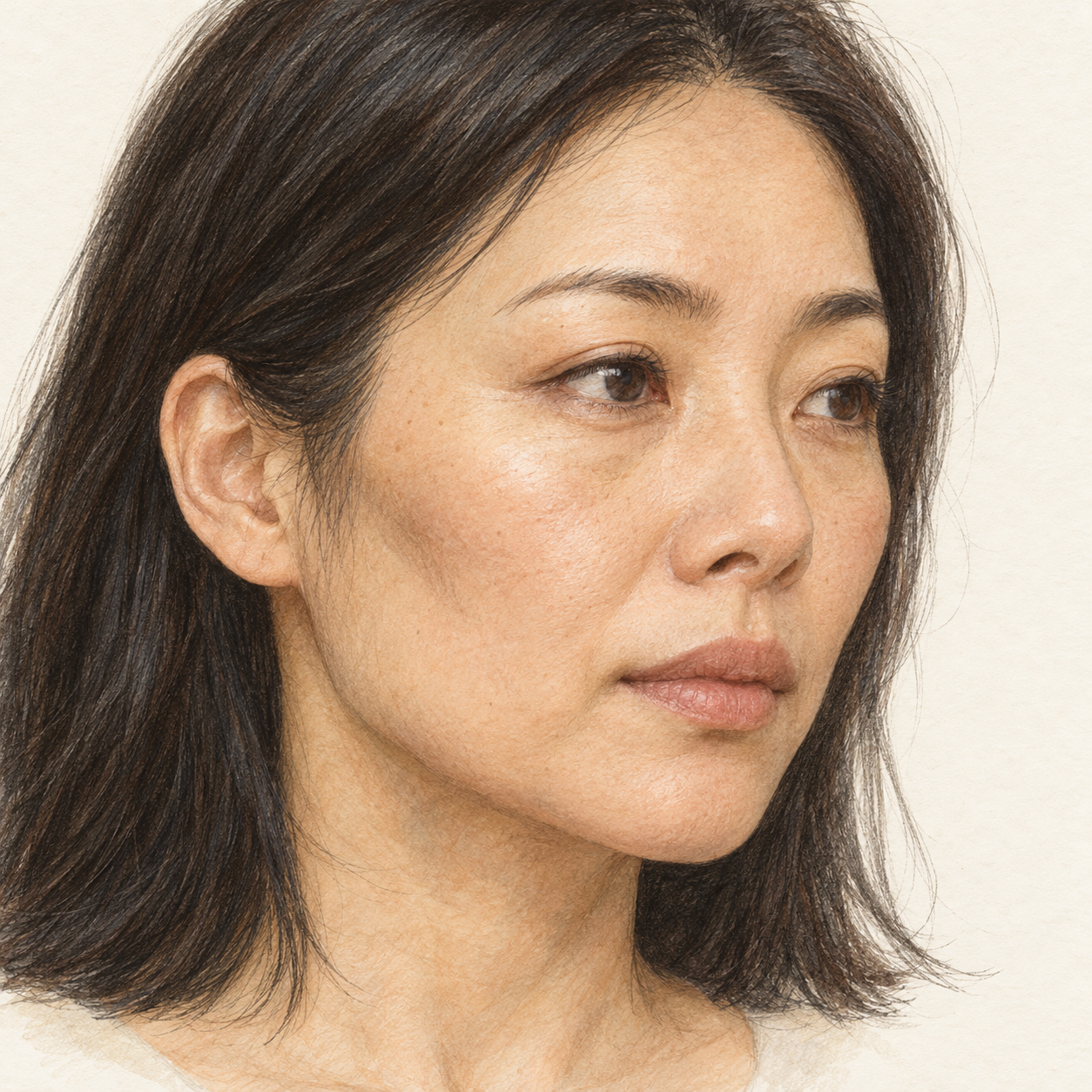 AI-generated illustration of a woman showing reduced fullness in the cheeks.