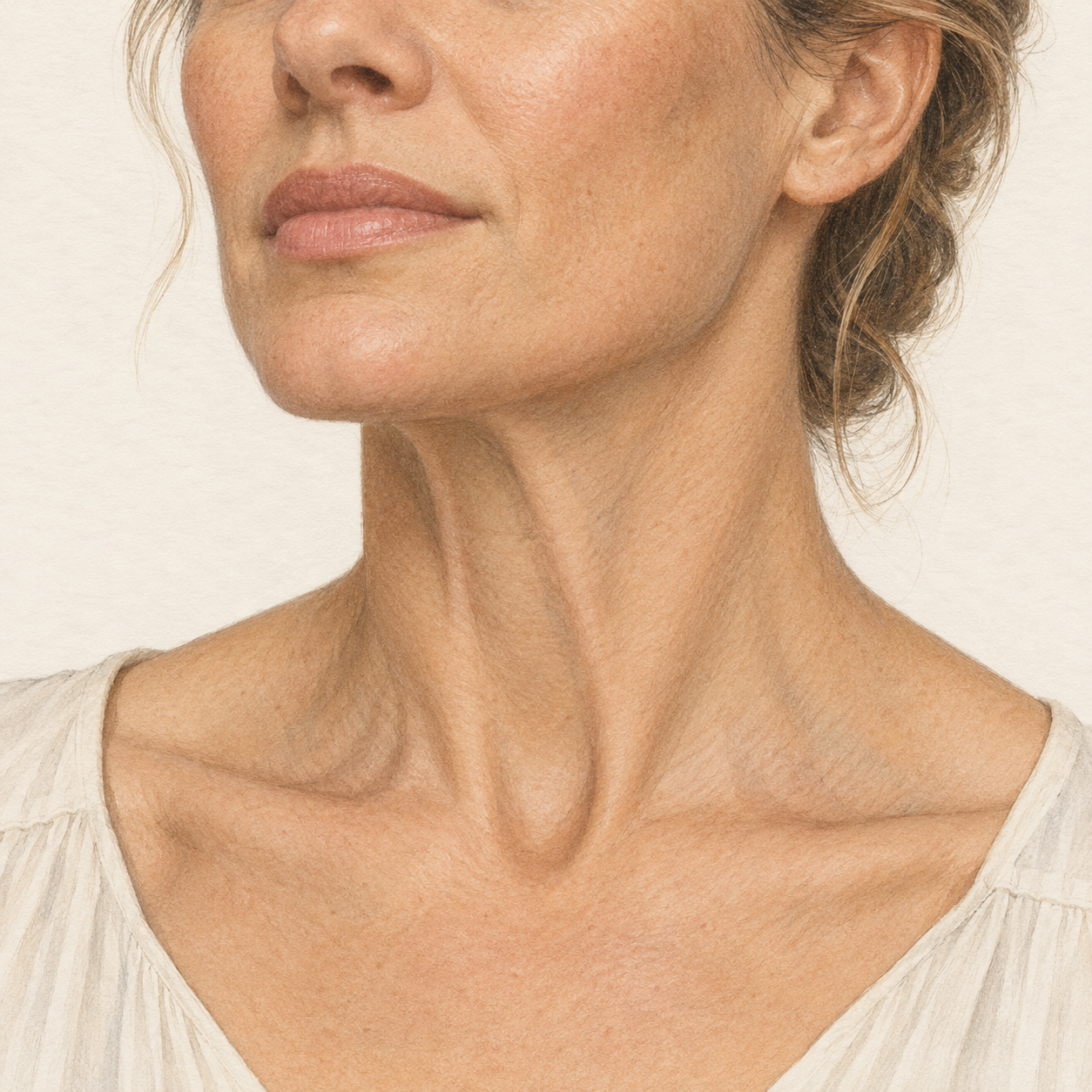 AI-generated illustration showing vertical bands on a woman’s neck.