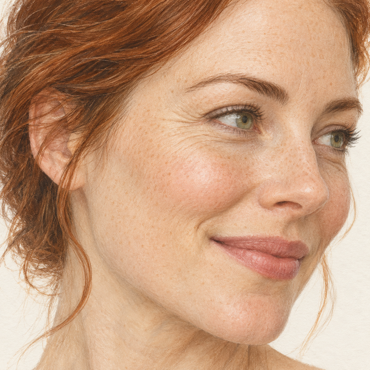 AI-generated illustration of a woman with visible facial lines around her forehead and eyes.