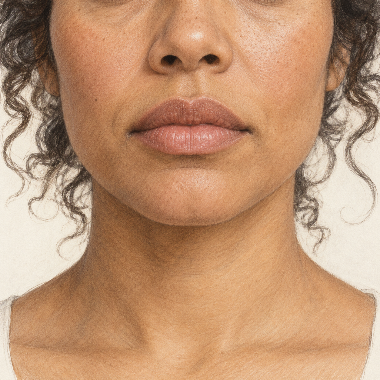 AI-generated illustration showing downward-turning corners of a woman’s mouth.