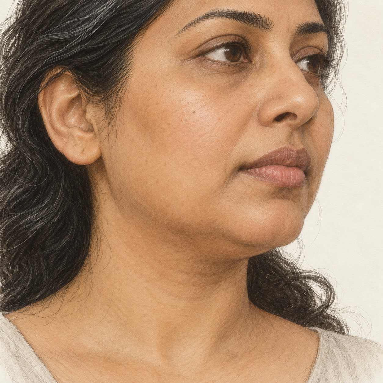 AI-generated illustration of a woman showing softened definition along the jawline.
