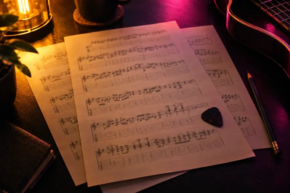Sheet music with handwritten notes laid out on a dark surface, a guitar on the right, a pen, and a small black guitar pick on the sheet, with a plant and a lamp nearby.