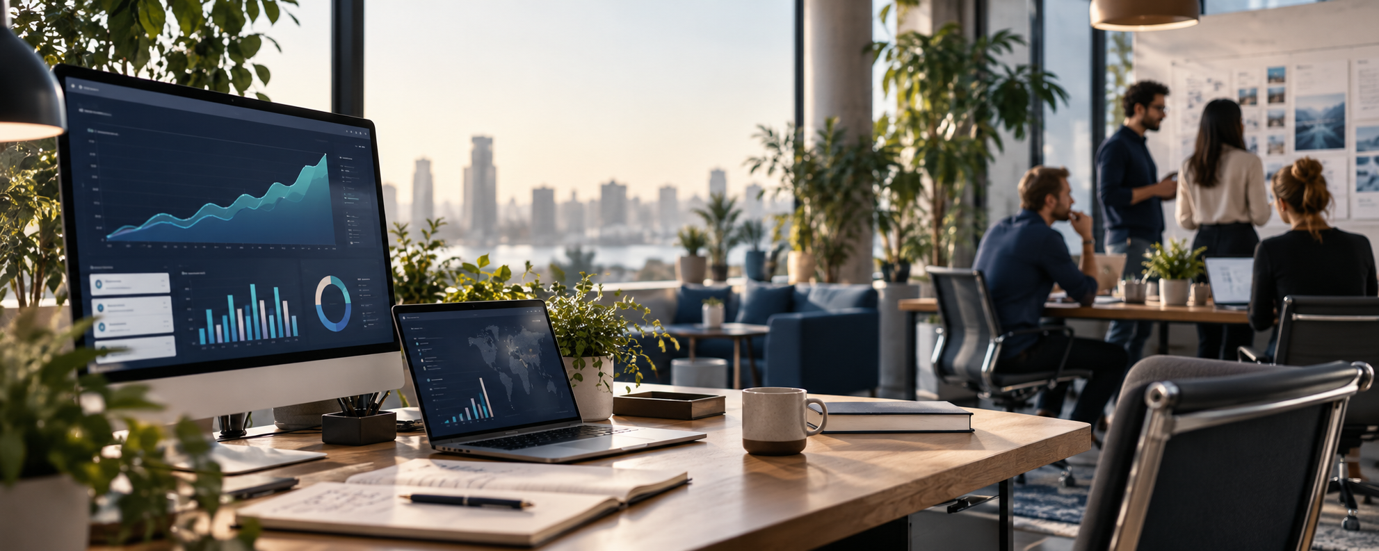 Organic search agency workspace with analytics dashboards and a team collaborating on search strategy.