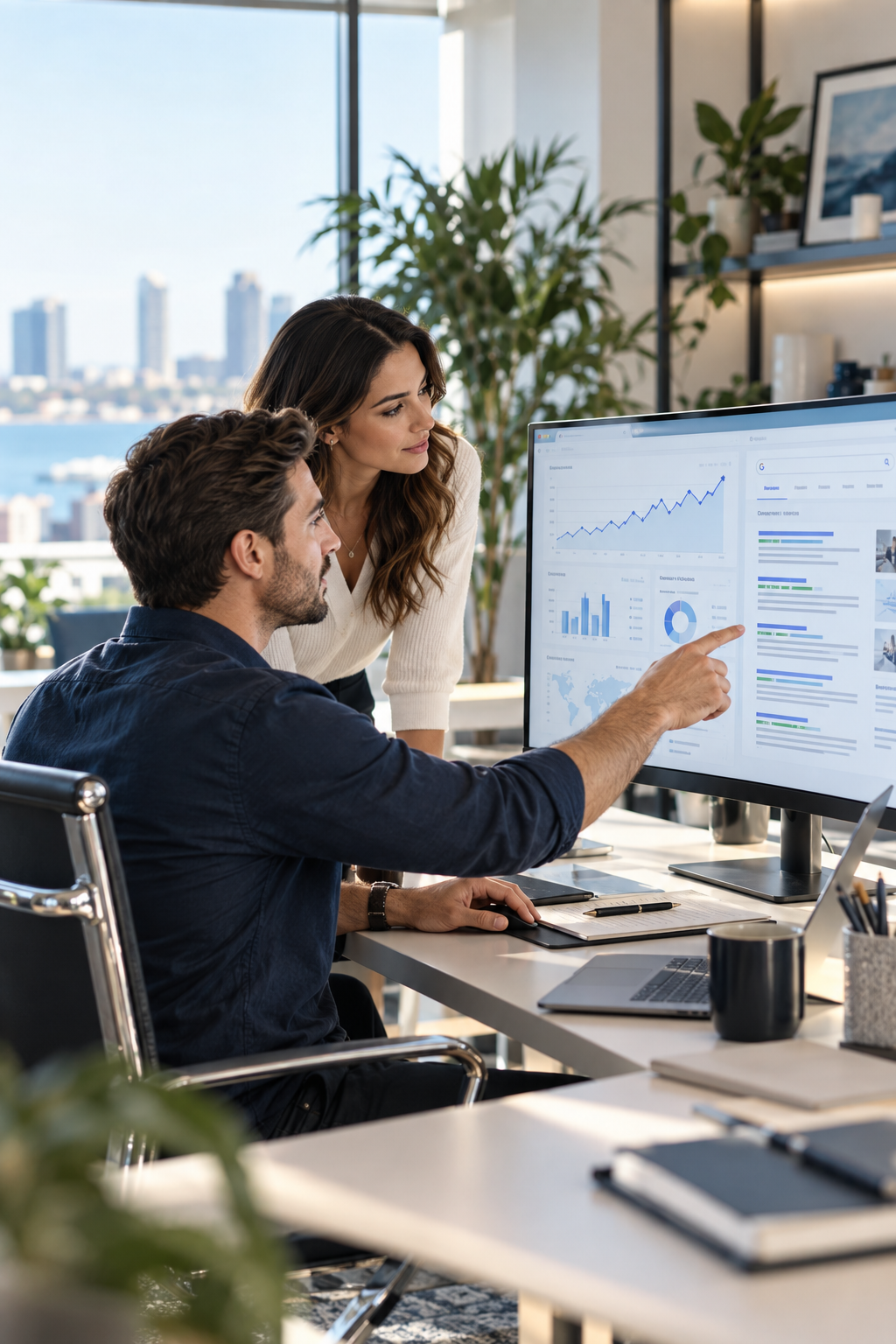 Search marketing strategists reviewing organic search performance and keyword opportunities on a desktop dashboard.