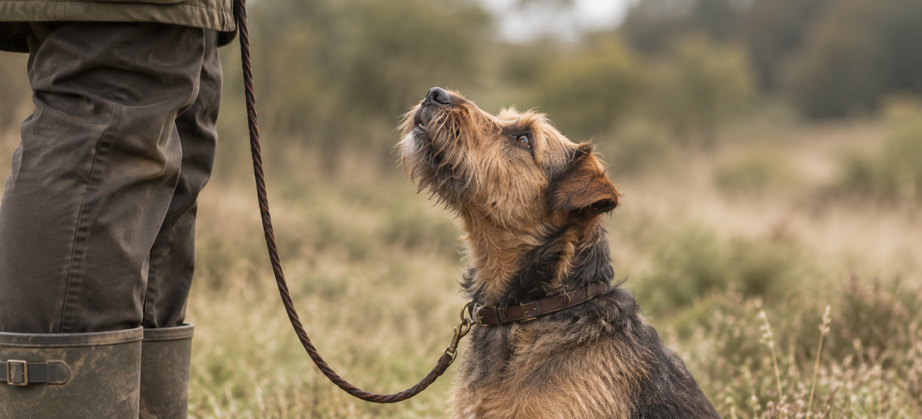 A brown terrier looking up at its handler outdoors. Code of Conduct.