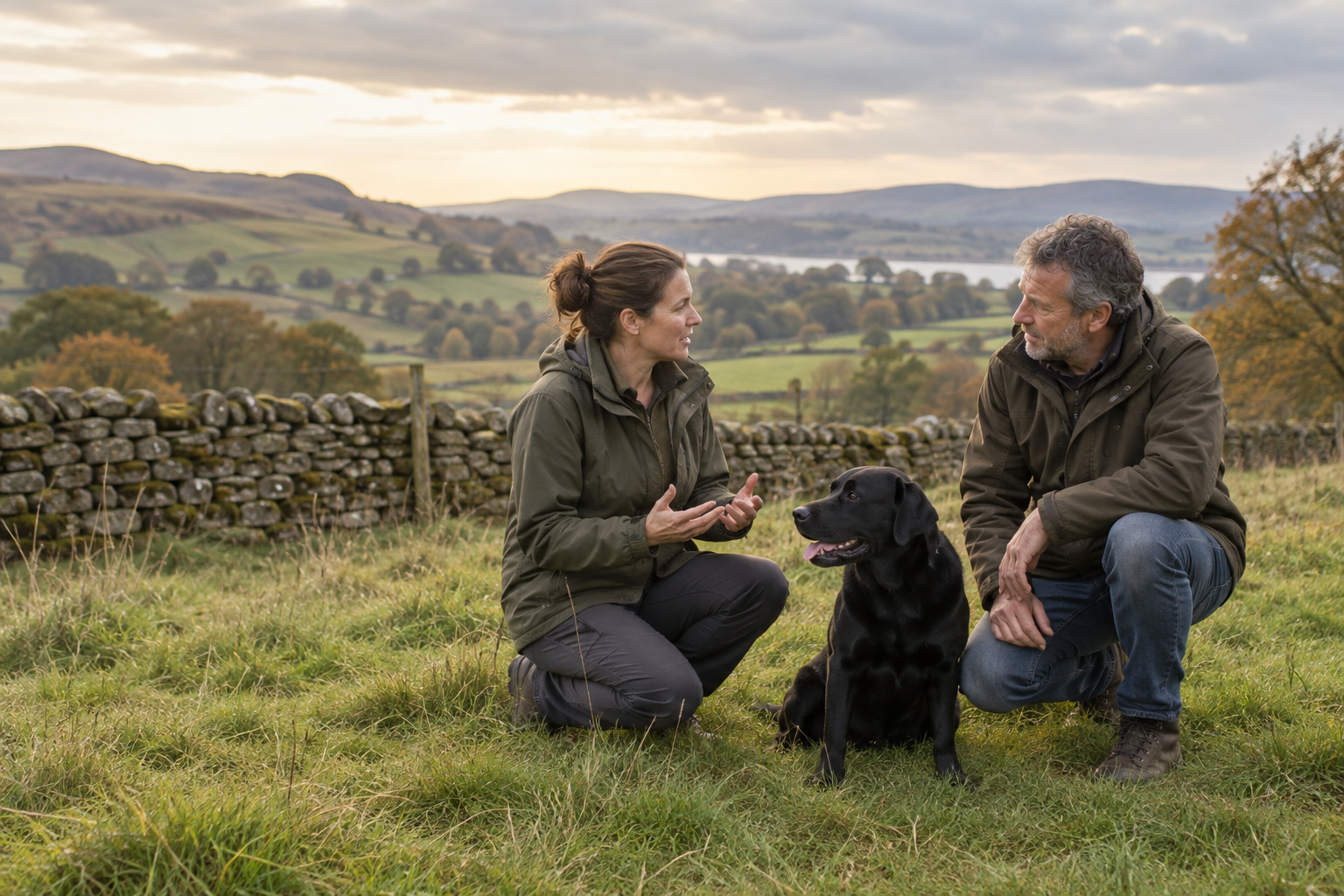Illustrative image of a dog trainer and owner talking beside a calm black Labrador in the countryside