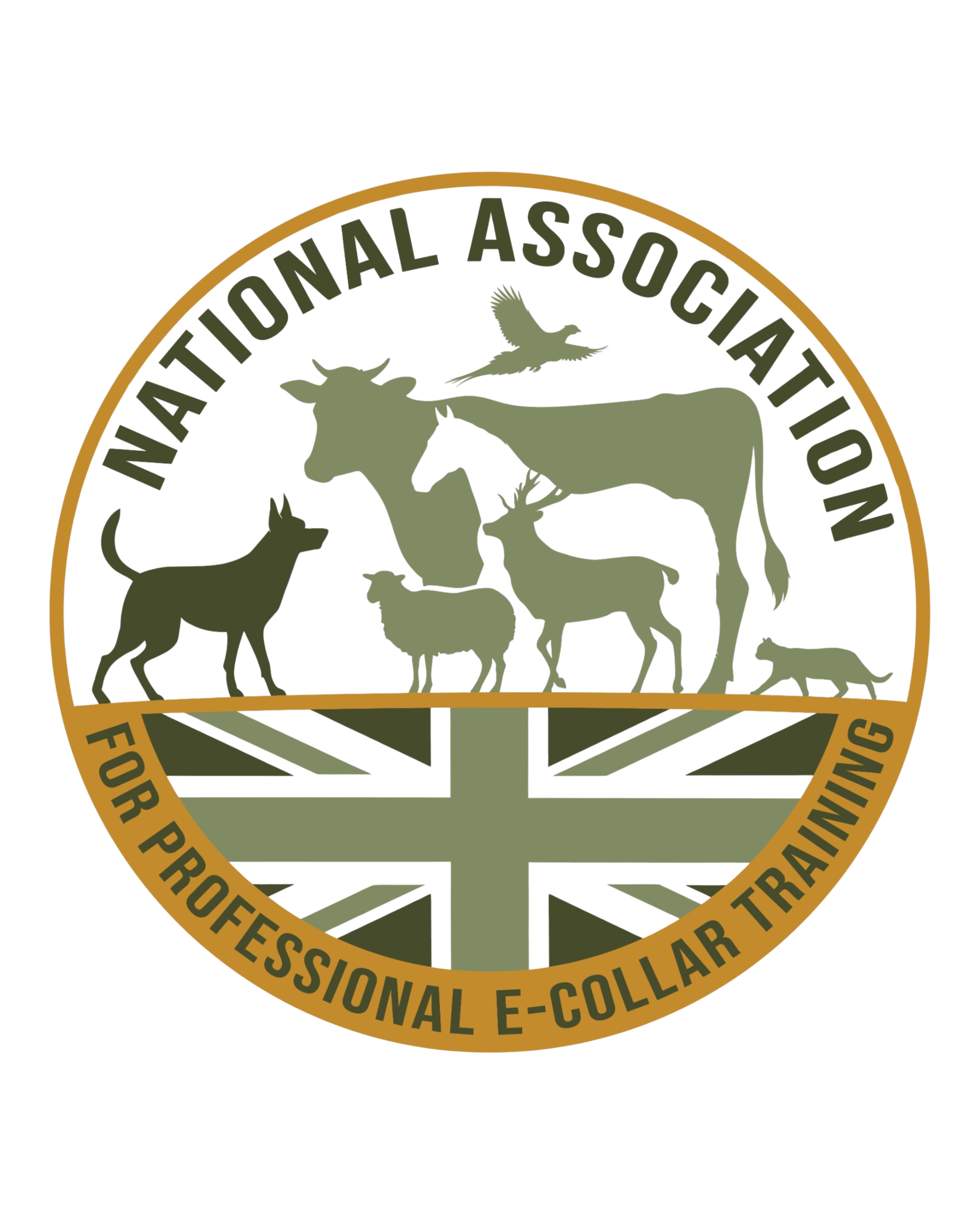Logo of the National Association for Professional E-Collar Training featuring various animals including a cow, horse, sheep, deer, dog, cat, bird, and fox, with a background of a Union Jack flag.