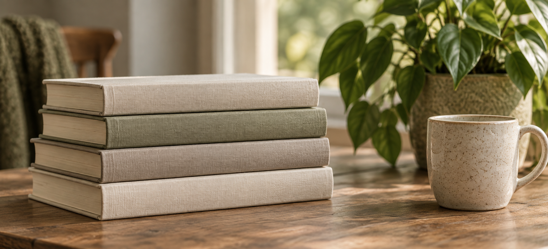 A stack of plain books beside a plant and cup. Resources.