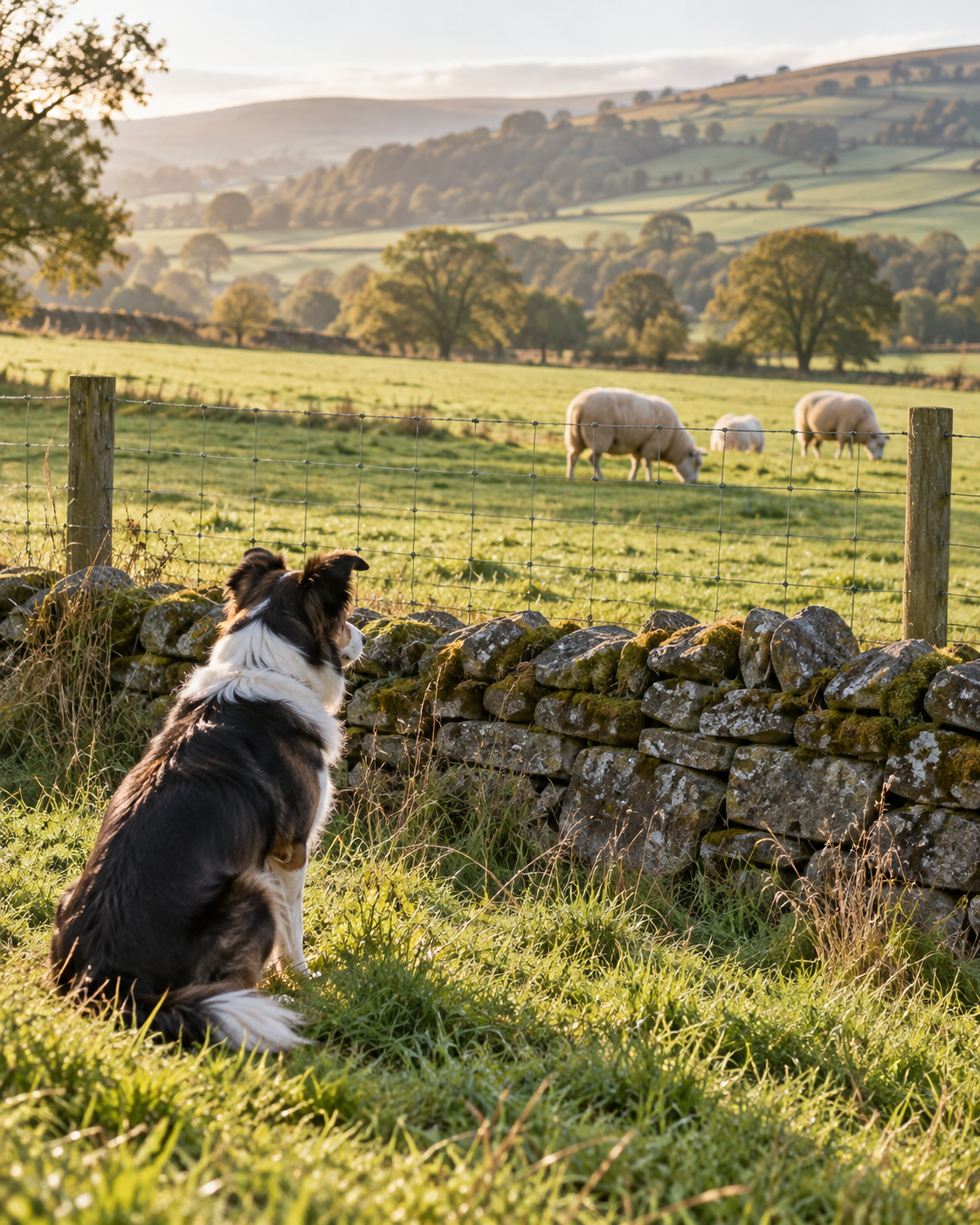 Dog calmly watching sheep across a secure fence in the British countryside.