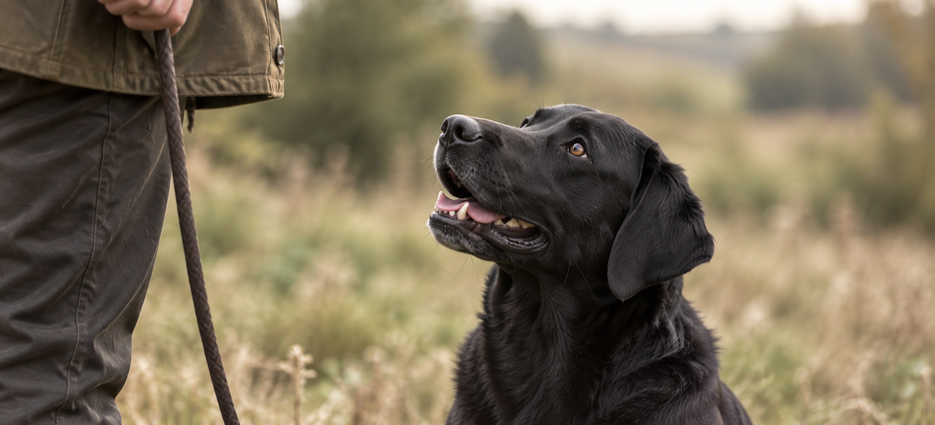 A black Labrador looking up at its handler outdoors. Testimonials.