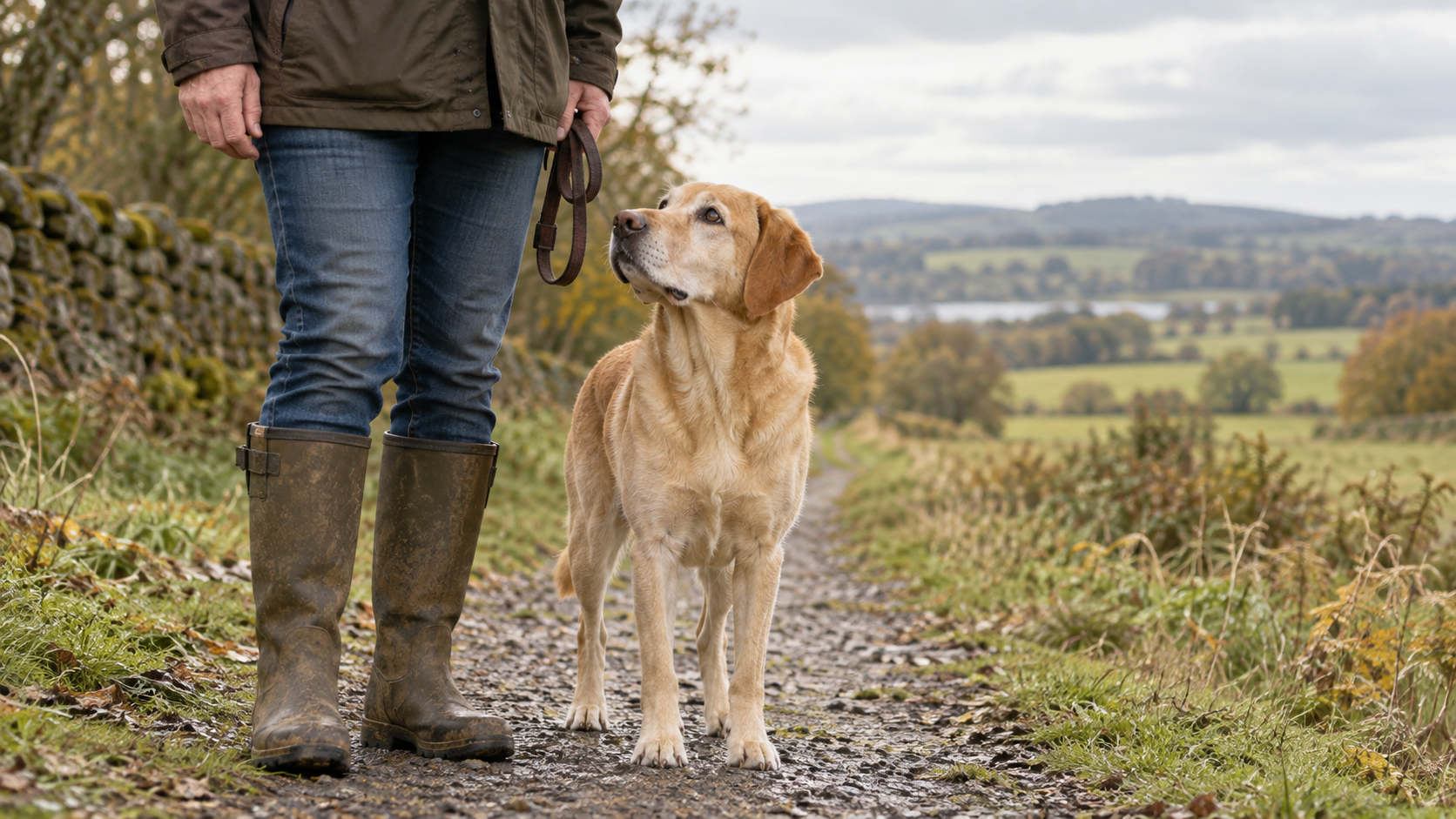 A dog looking up at its owner on a countryside path