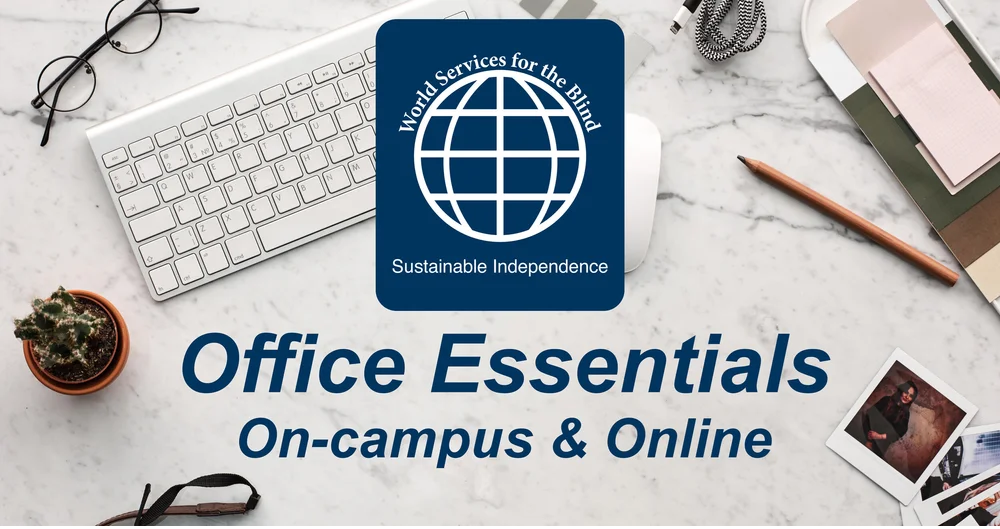 overhead photo of a computer keyboard and various office supplies with wsb logo in the middle with blue text below stating “office essentials. on-campus & online”