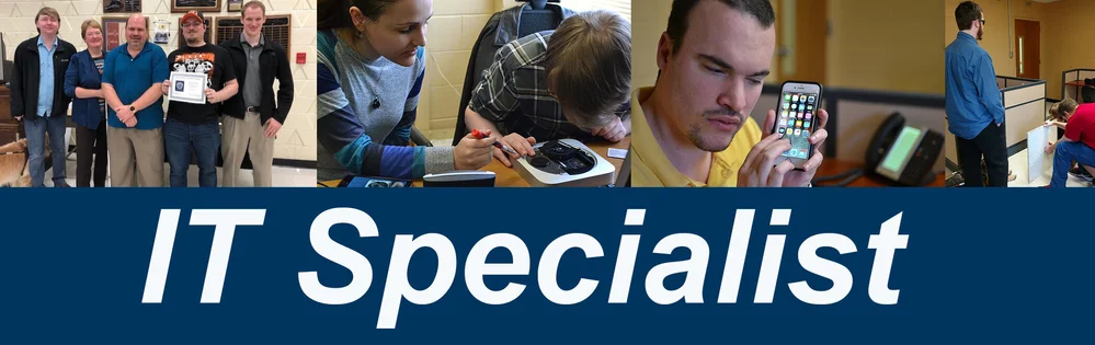 collage of images from left to right: it specialist graduation, clients and staff working on computer, client holding an iphone close to their head in focus, clients working on a computer. text underneath in white “IT specialist”
