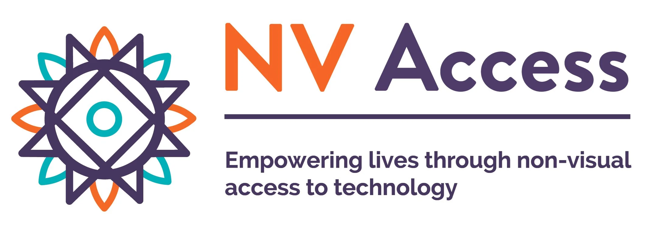 Logo for NV Access with a colorful geometric design and the tagline 'Empowering lives through non-visual access to technology.'