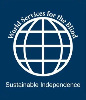 Logo with a globe and the text "World Services for the Blind" and "Sustainable Independence"