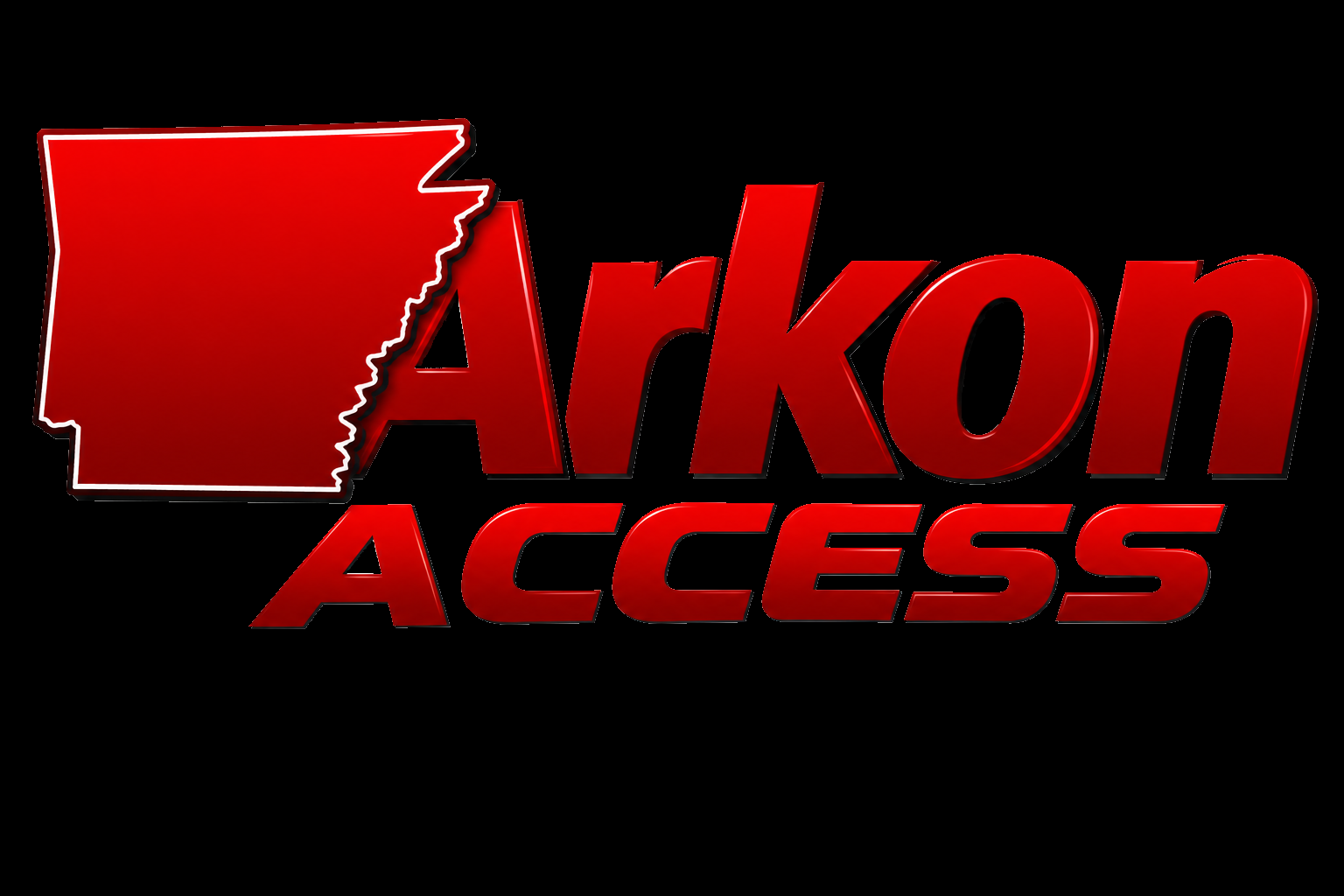 Red map of Arkansas with words peaking out from behind the right side of the state that say "Arkon Access"
