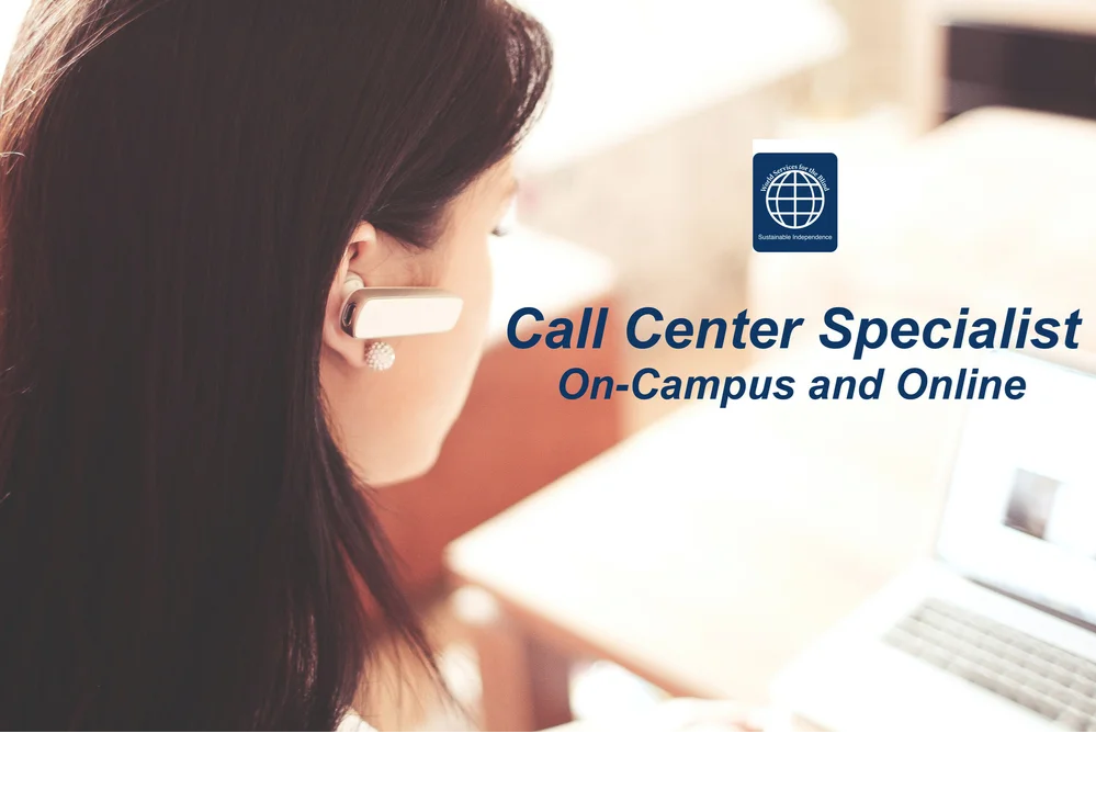 back of woman’s head with a headset in focus and blurry computer with blue text “call center specialist on-campus and online" with wsb logo above