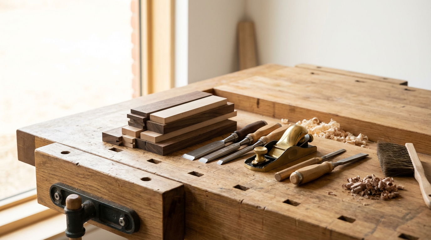 A woodworking workbench with various hand tools, wood pieces, and shavings organized on top in a well-lit workshop.
