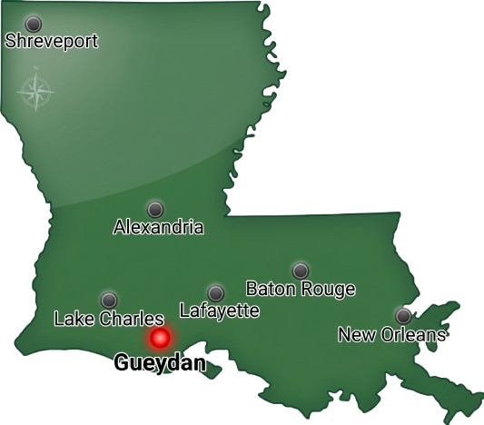 Map of Louisiana showing Gueydan, the Duck Capitol of America and Home of Baker Farms.