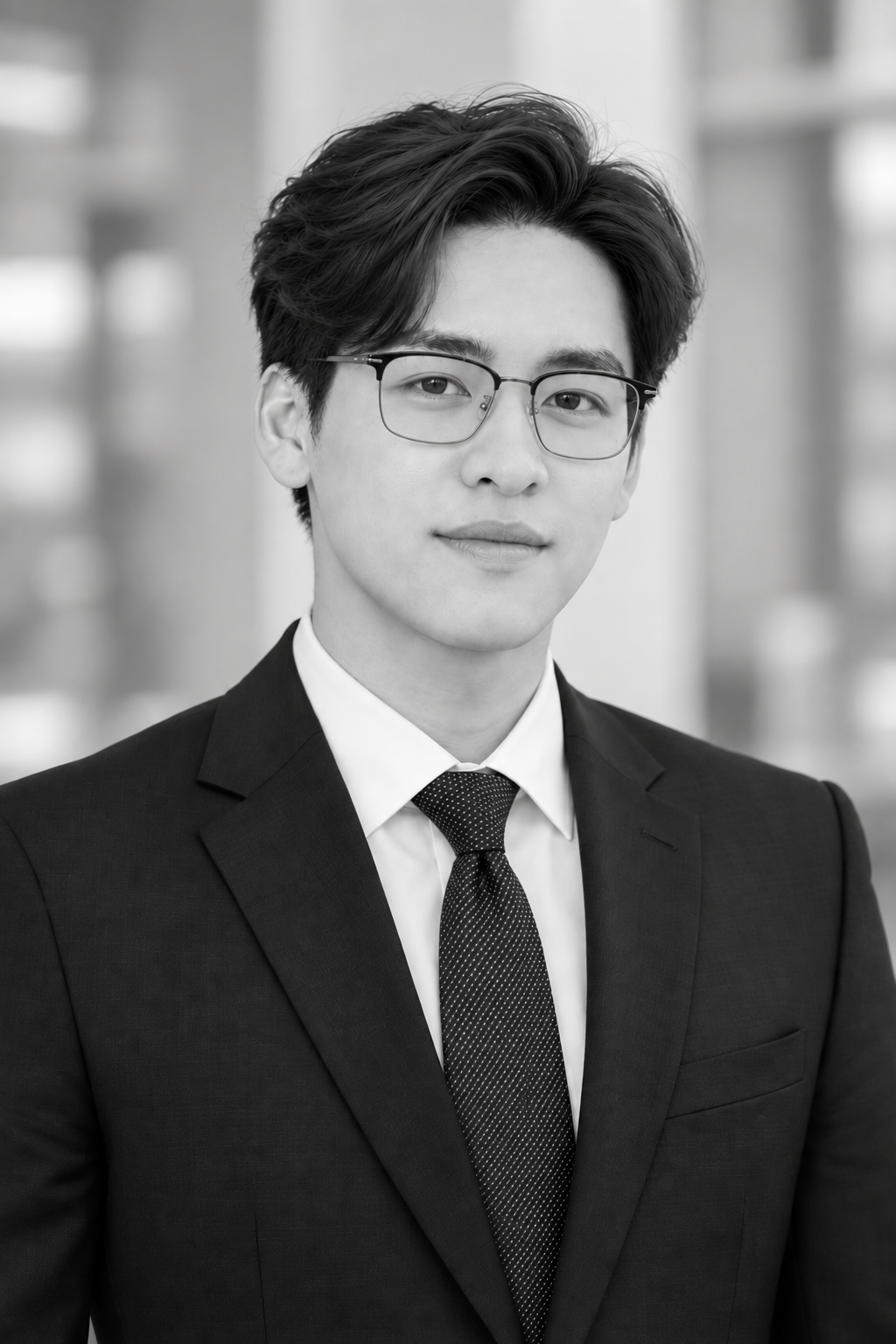 Young man in business suit and tie, wearing glasses, with a blurred office background.