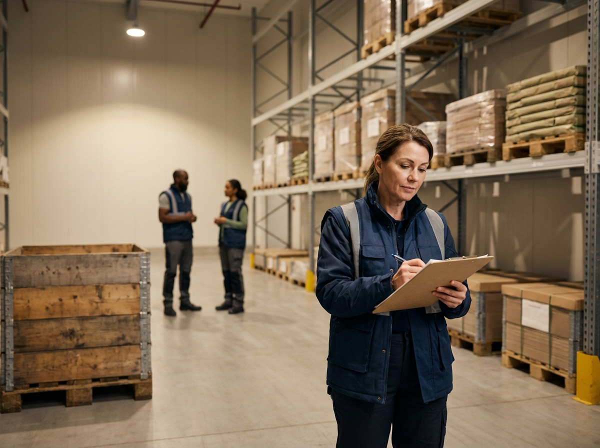 Three warehouse workers, two in the background and one in the foreground, inside a storage facility with metal shelving and boxes. The woman in the foreground is writing or taking notes on a clipboard.