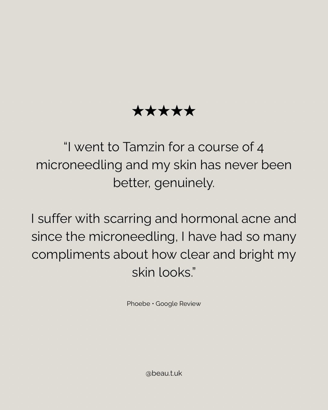 &ldquo;I went to Tamzin for a course of 4 microneedling and my skin has never been better, genuinely. I suffer with scarring and hormonal acne and since the microneedling, I have had so many compliments about how clear and bright my skin looks. Tamzi