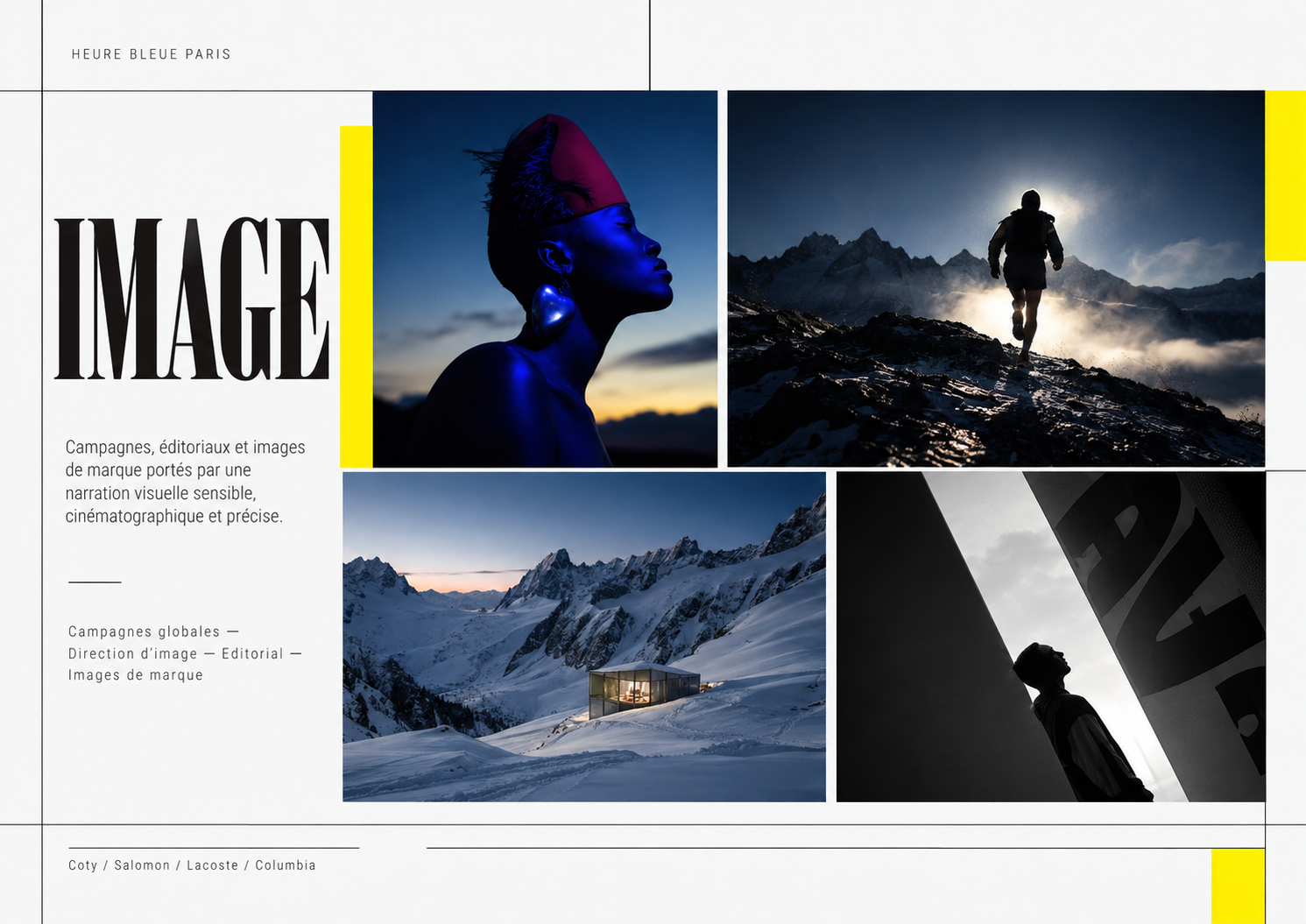 Planche éditoriale « Image » présentant un portrait éclairé en bleu, un coureur en montagne, des paysages alpins enneigés et une silhouette devant une architecture moderne.